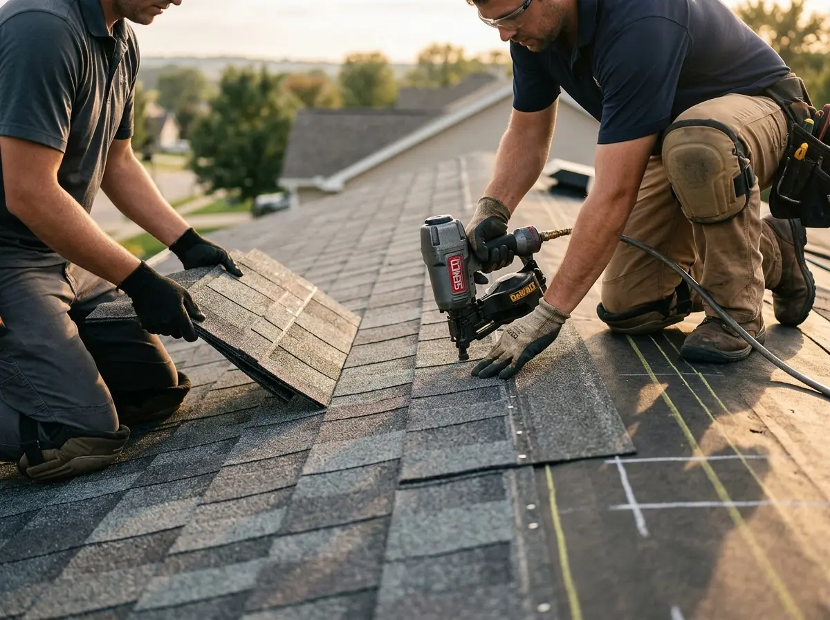 Professional roofer working on a residential roof in Winder